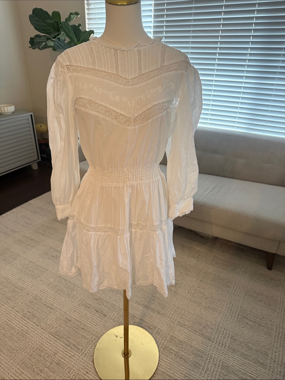 LoveShackFancy White Lace-Trim Mini Dress
